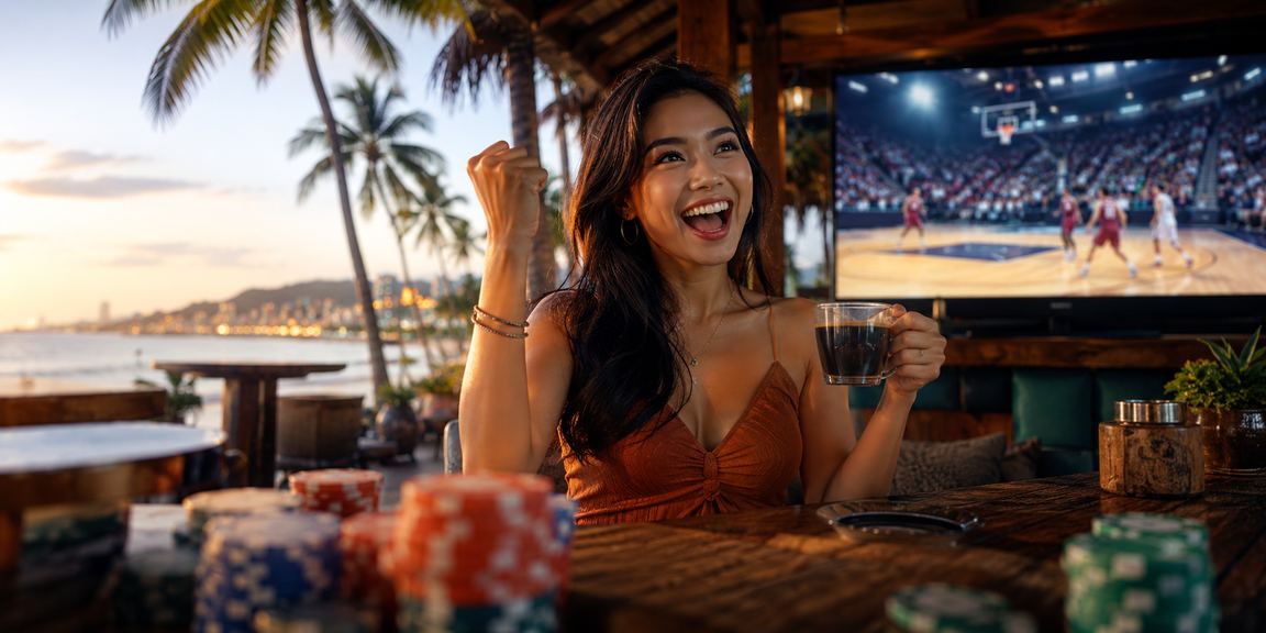 Pemain menikmati taruhan basket di toto787 dengan pemandangan kafe Vietnam